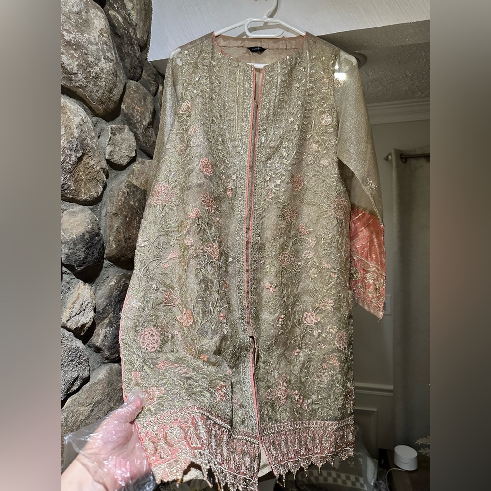 Pakistani Sapphire Embellished Organza Kurta in Sage & Petal - Size S - Picture 10 of 10